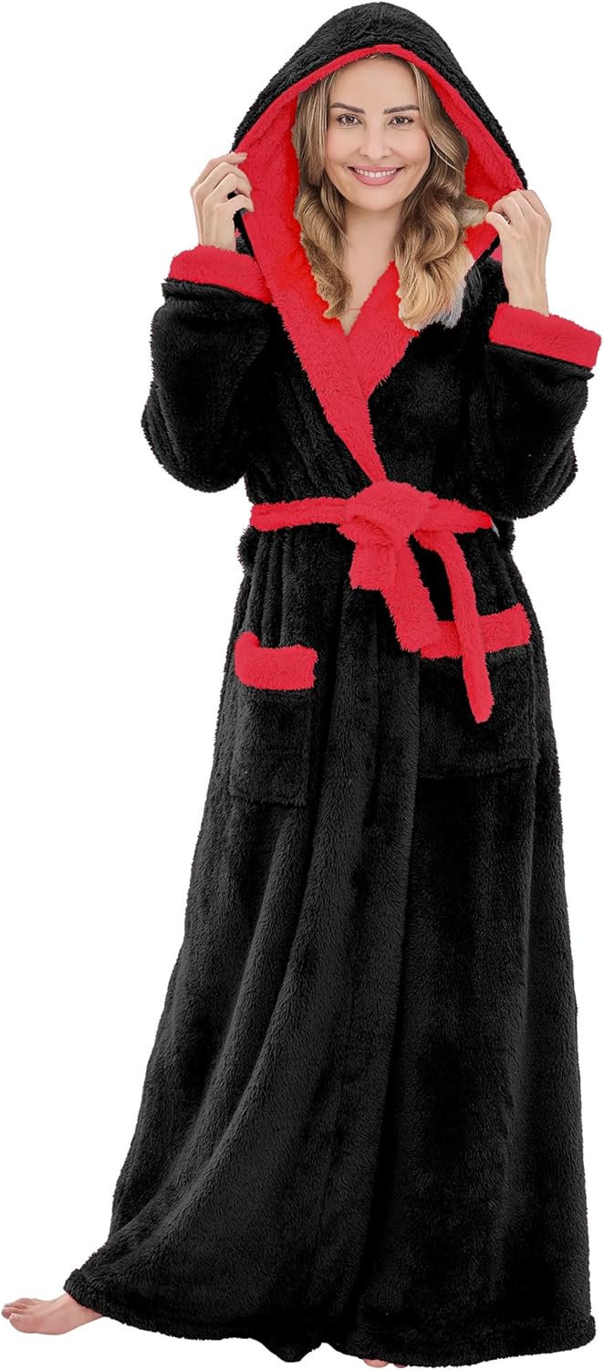 Long Plush Hooded Bathrobe for Women - Cozy Winter Comfort