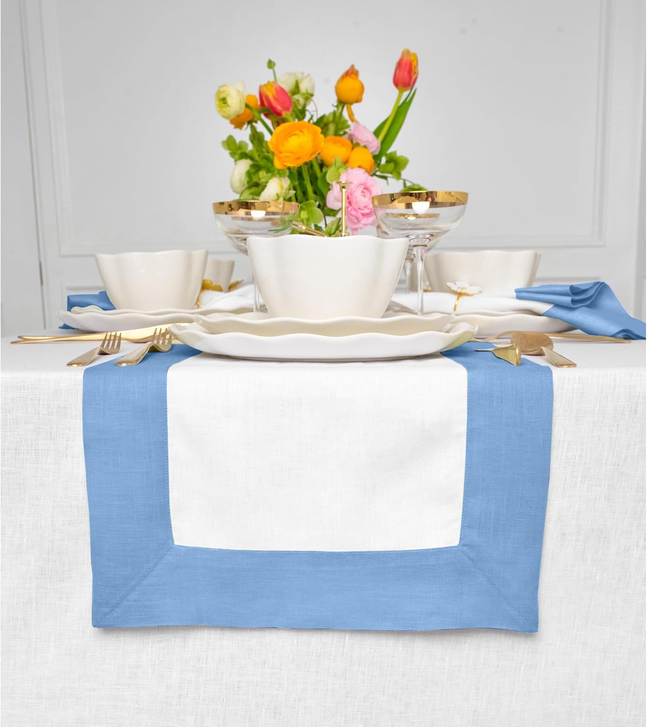 Elegant Cornflower Blue and White Linen Table Runner for Dining