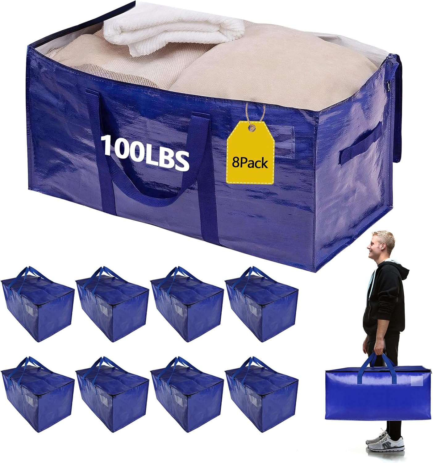 8 Pack Heavy Duty Moving Bags with Strong Zippers for Storage