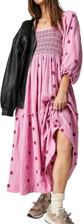 Women Floral Embroidered Maxi Dress Long Puff Sleeve Square Neck fit