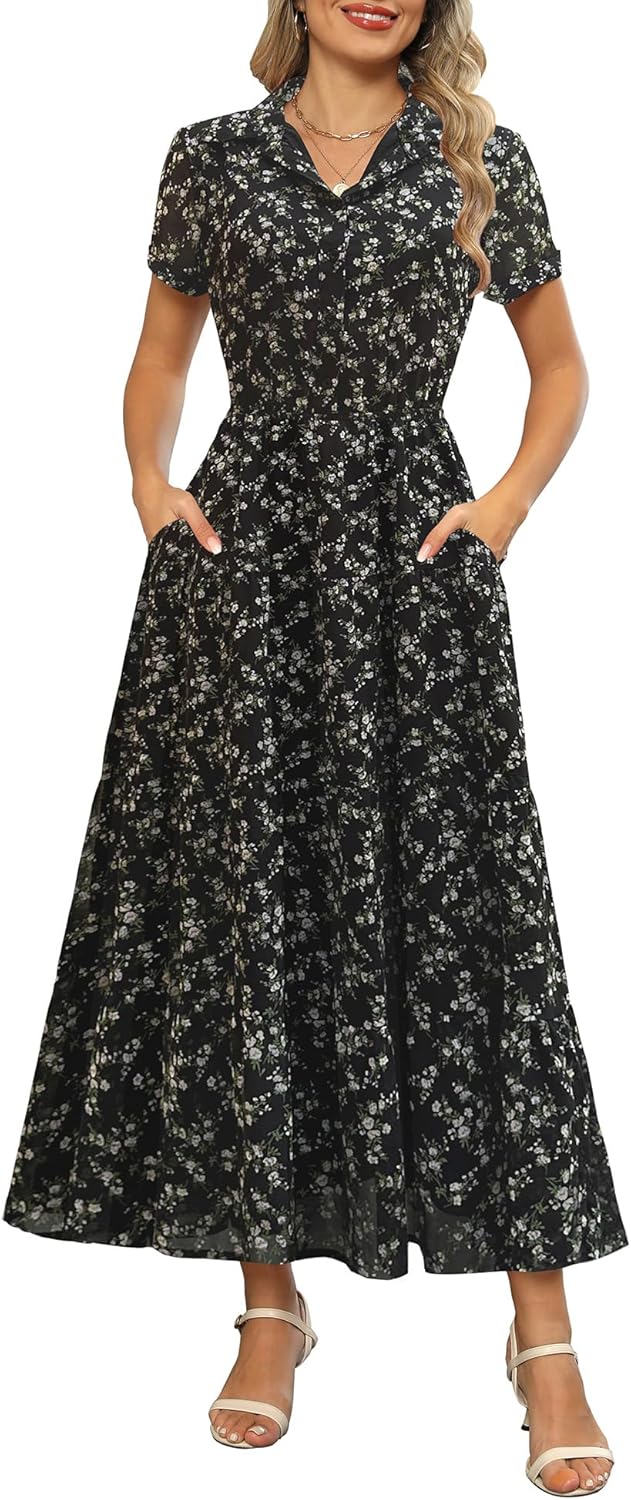 Kranda Women Collared V Neck Floral Maxi Dress for All Occasions