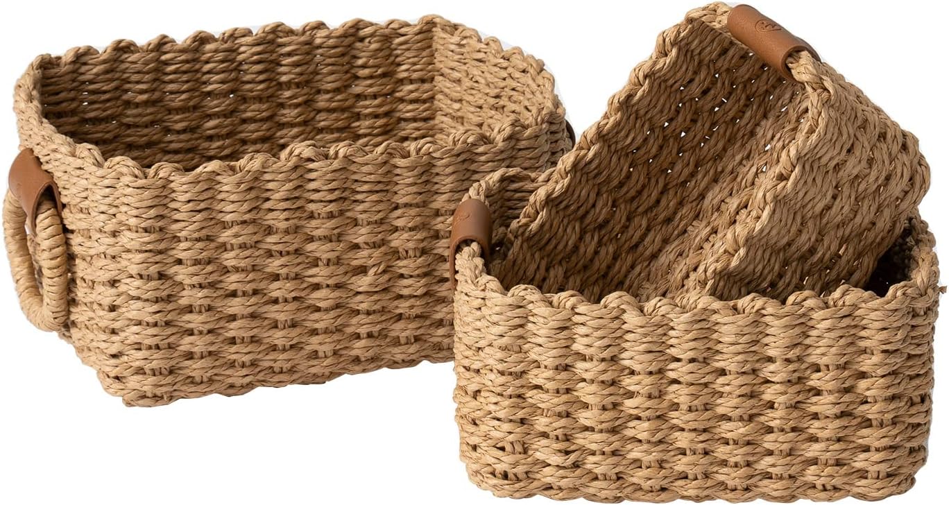 Small Wicker Baskets for Organizing - Set of 3 Stylish Bins