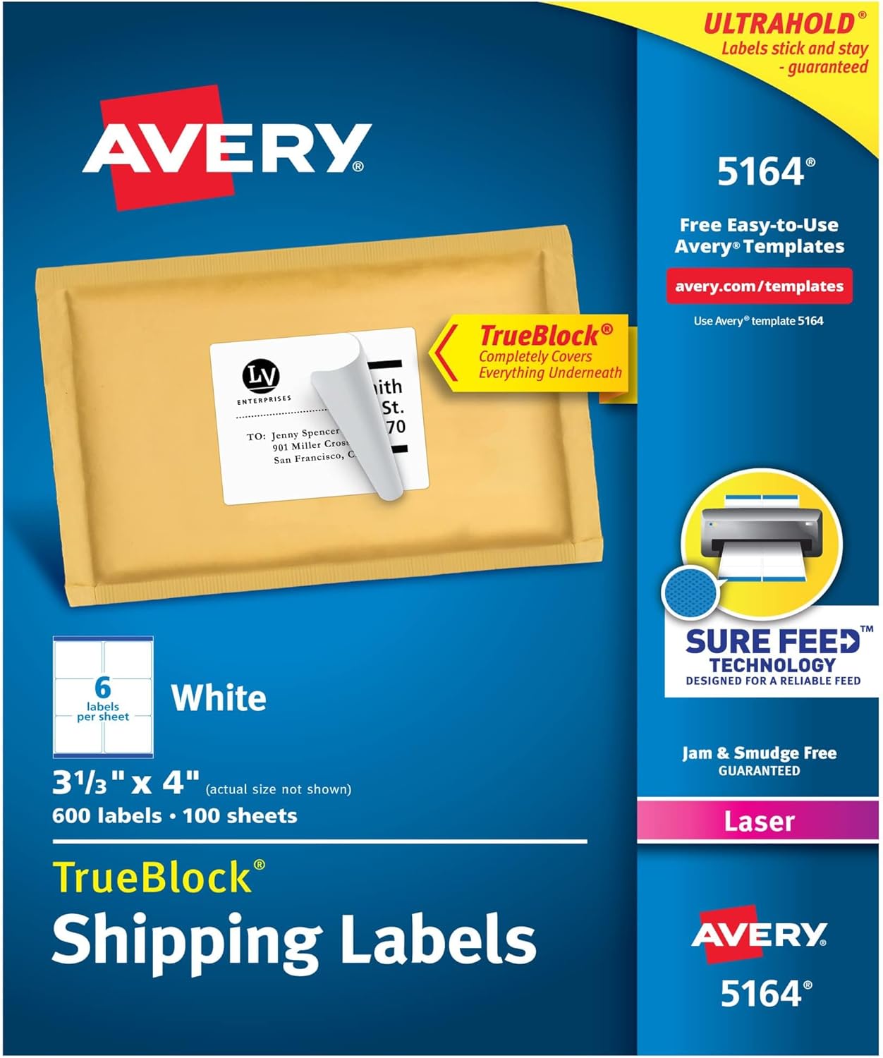 Avery Sure Feed Shipping Labels, 600 ct, Laser Printers