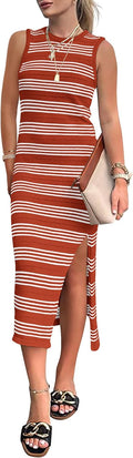 PRETTYGARDEN Sleeveless Striped Midi Tank Dress - Comfortable Summer