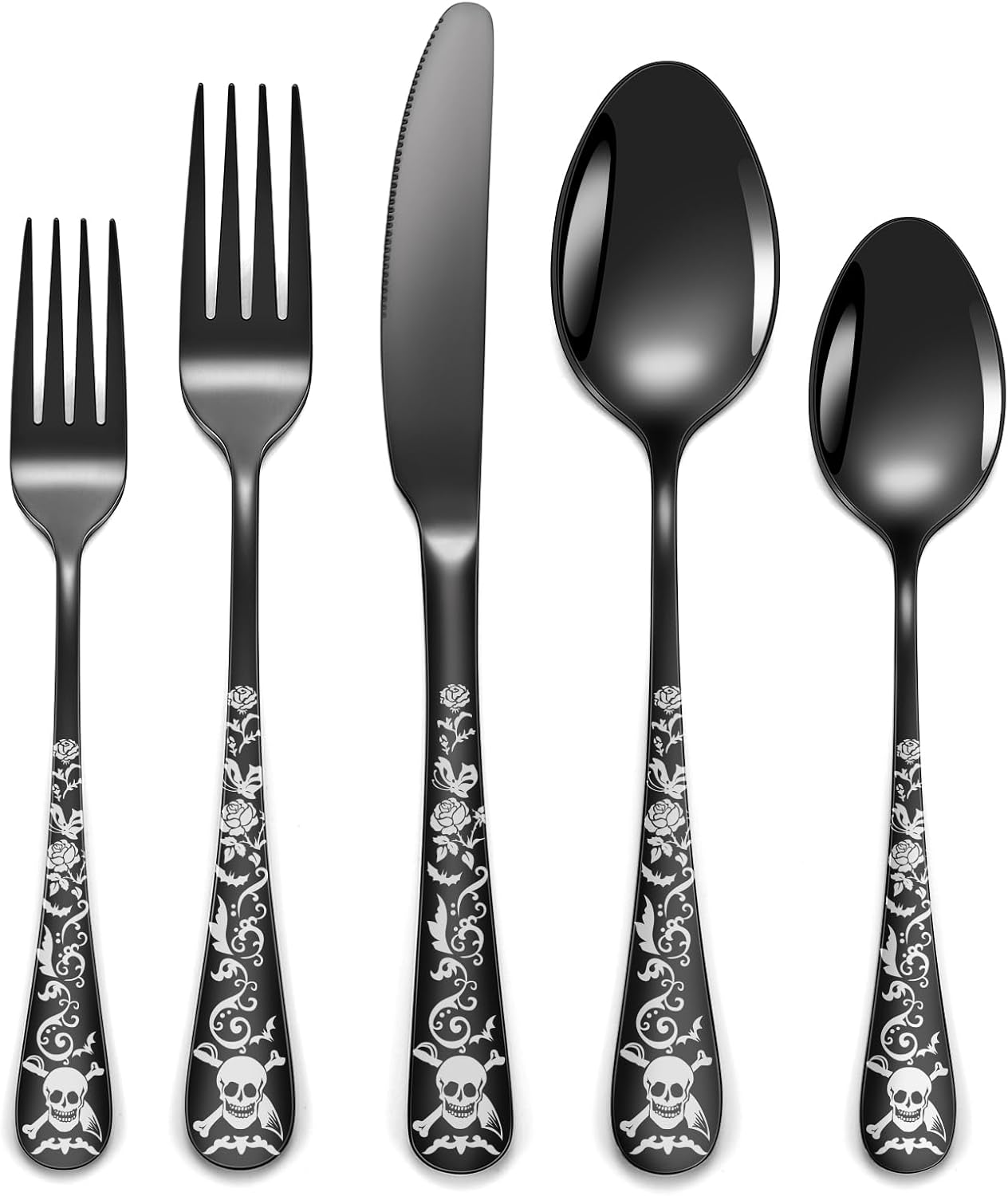 Skull Black Silverware Set for 8, 40-Piece Gothic Cutlery
