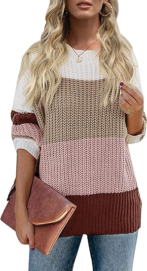 ZESICA Women's Fall Long Sleeve Striped Color Block Sweater