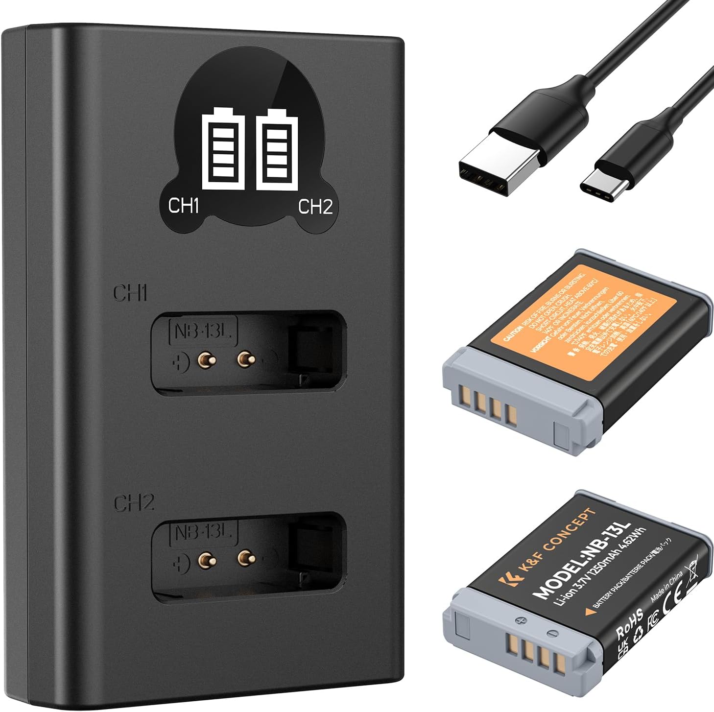 K&F Concept NB-13L Battery and Dual Charger Set for Canon Cameras
