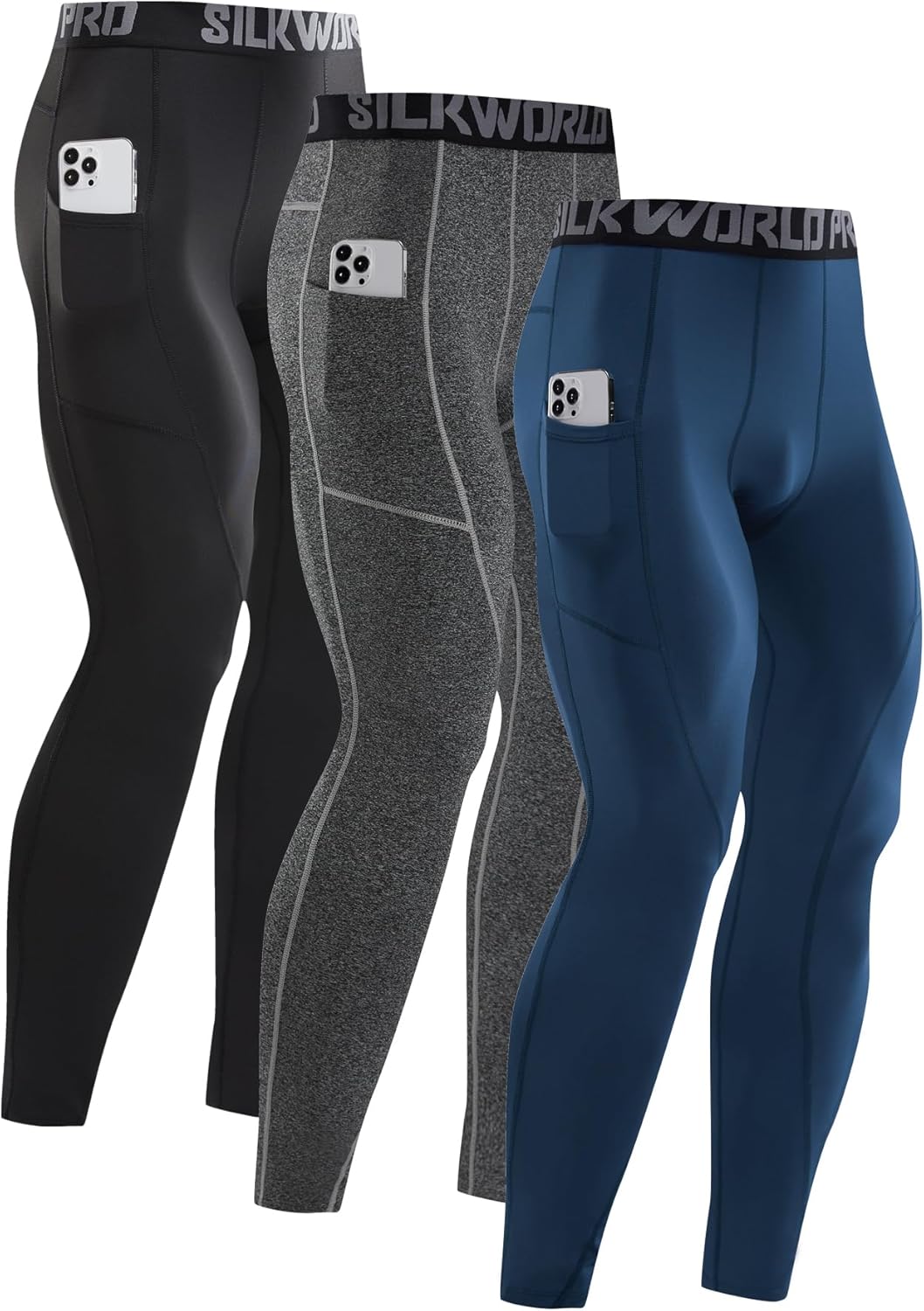 SILKWORLD Men's Compression Pants with Pockets for Gym Use