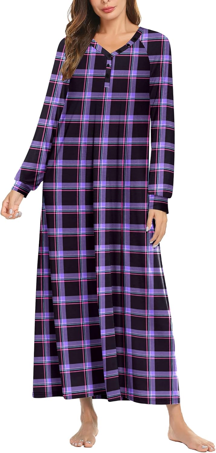 Ekouaer Nightgown Long Sleeve V Neck Loungewear for Women