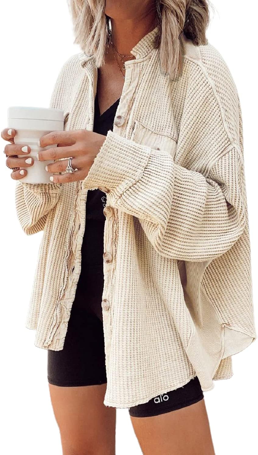 Oversized Waffle Knit Shirt for Women - Trendy Fall Shacket