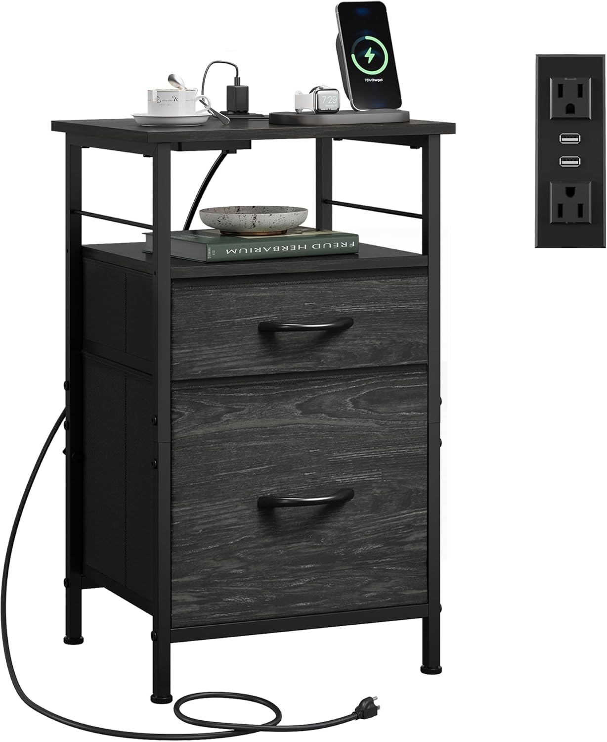 WLIVE Nightstand with Charging Station and 2 Fabric Drawers