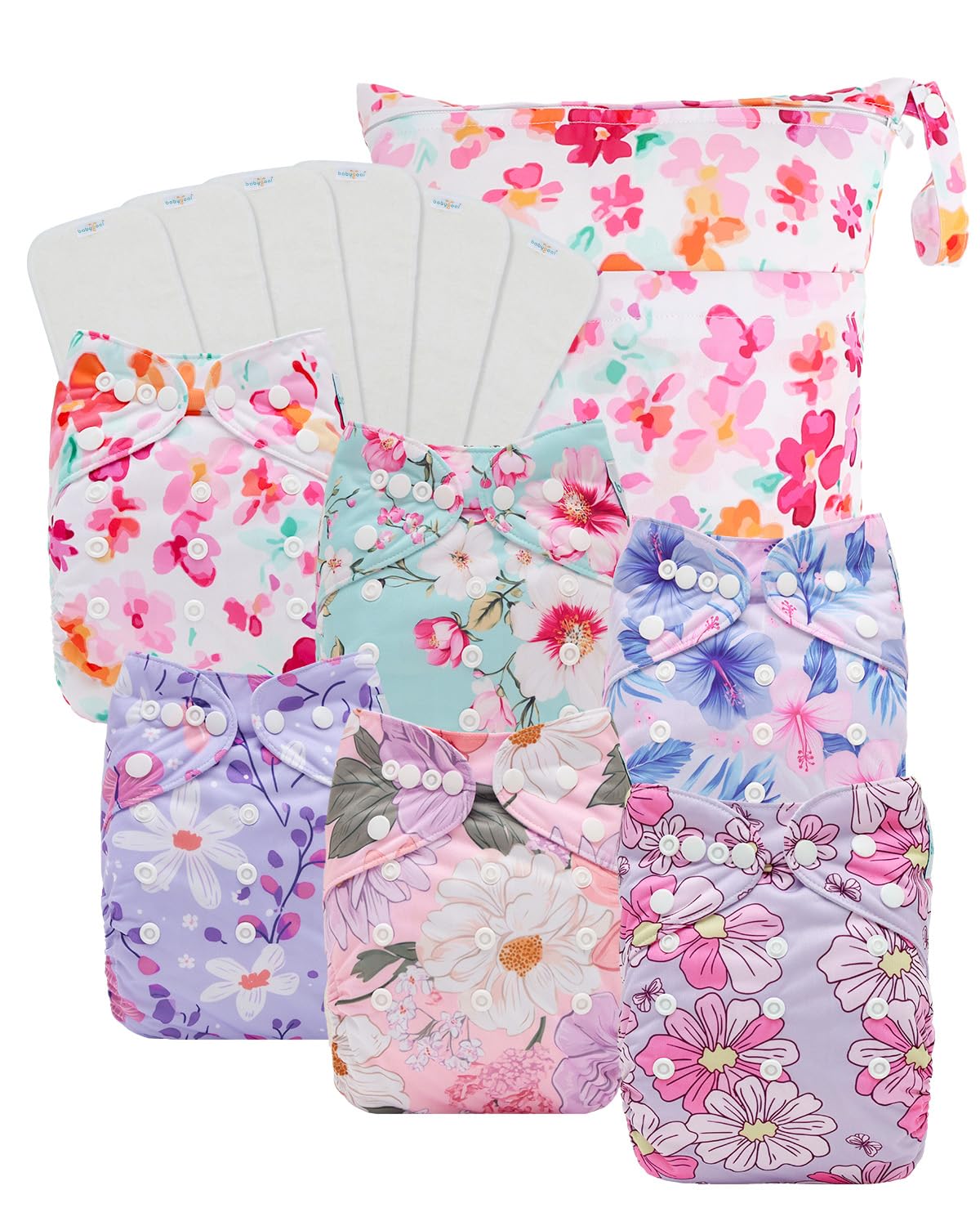 Babygoal Baby Cloth Diaper 6 Pack with Inserts and Wet Bag