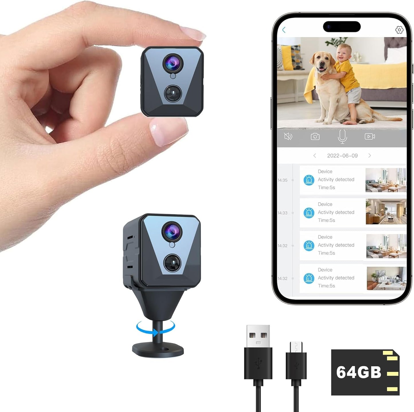 2K WiFi Indoor Security Camera with 64G SD Card and Battery Life