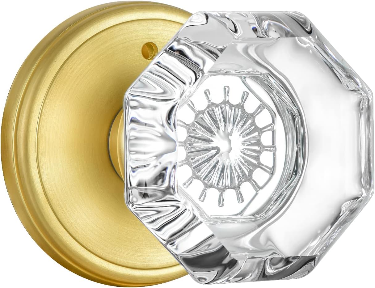 Gold Door Knob with Lock - Octagon Crystal Glass Design
