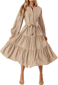 MASCOMODA Womens Long Sleeve Midi Button Down Dress - Flowy Tie Waist