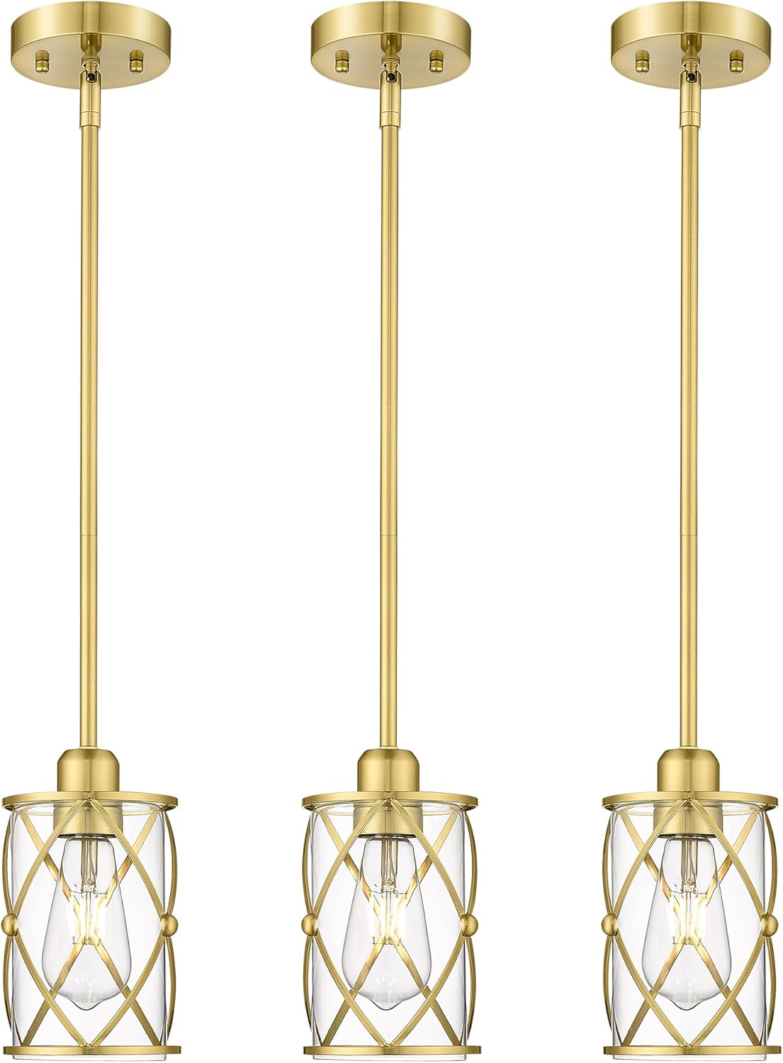 Brushed Gold Pendant Lights for Kitchen Island - Modern 3 Pack