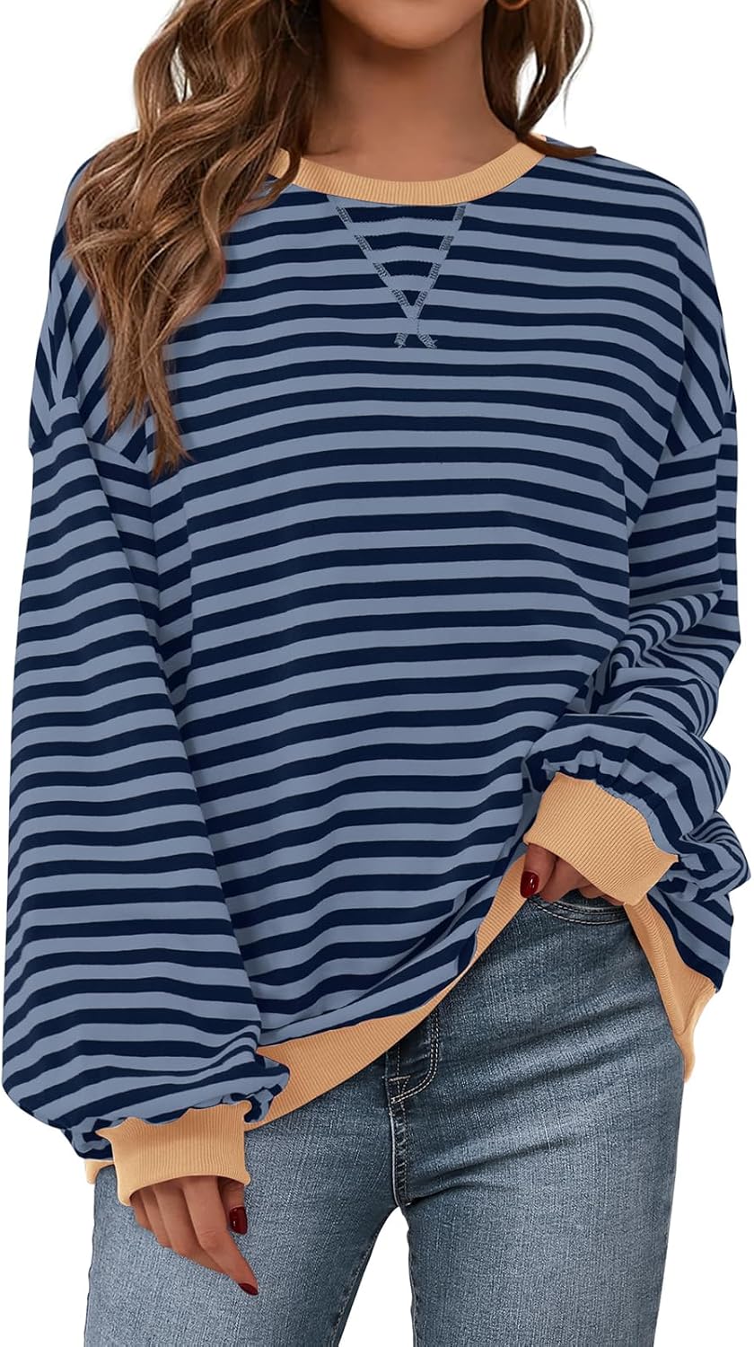 PRETTYGARDEN Womens Striped Oversized Sweatshirt for Casual Style