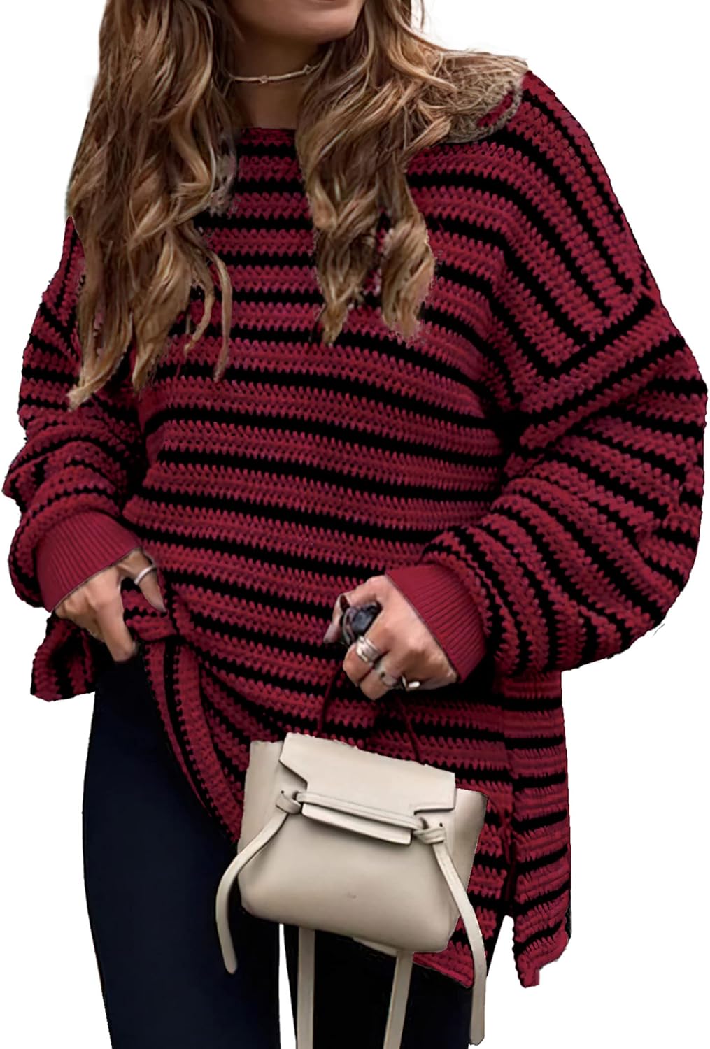 KIRUNDO Women's Oversized Long Sleeve Striped Sweater for Fall