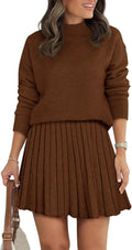 Women's Two Piece Outfits Turtleneck Ribbed Knit Tops Pleated Mini