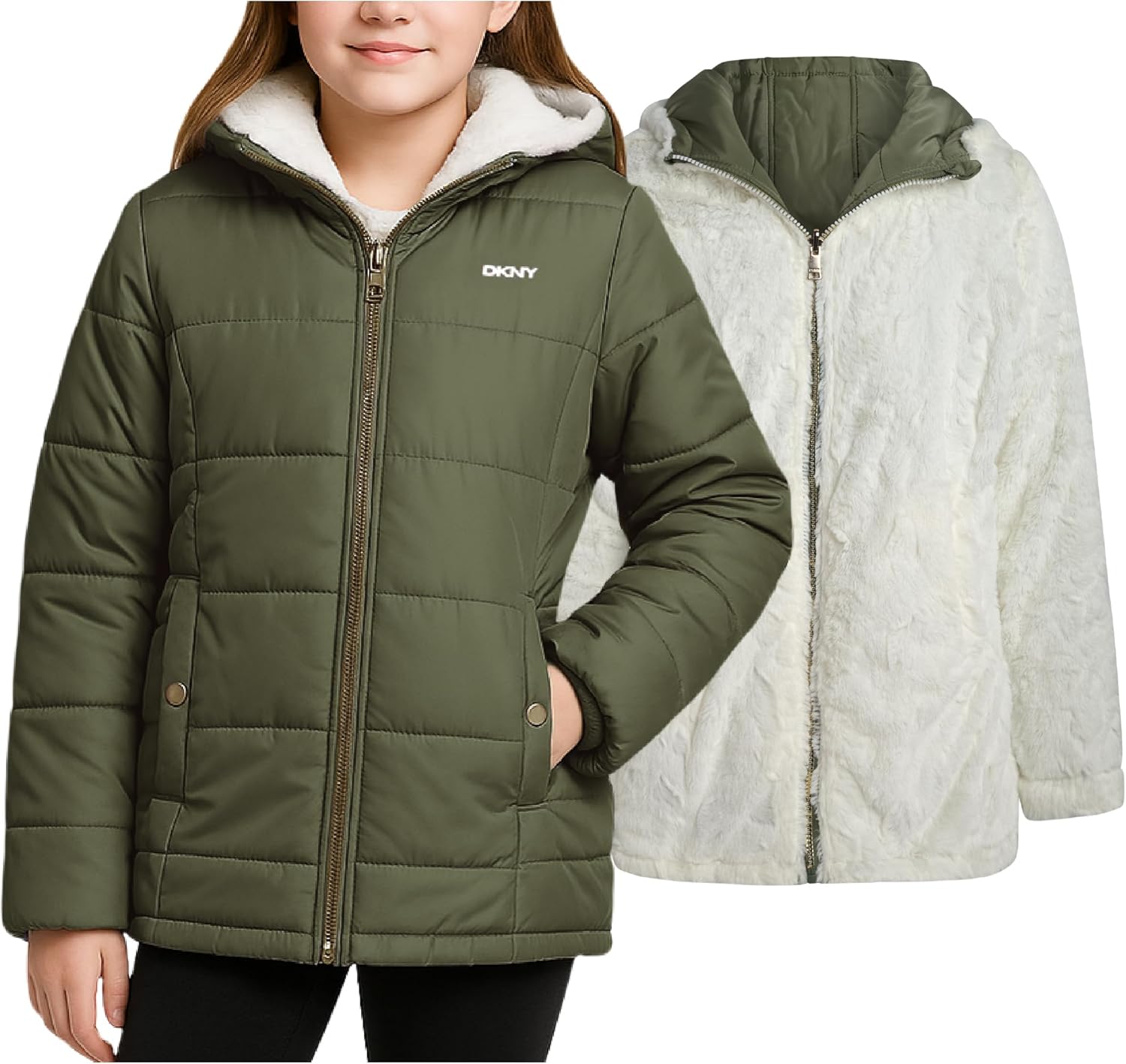 DKNY Reversible Girls Winter Coat - Cozy Quilted Puffer Jacket