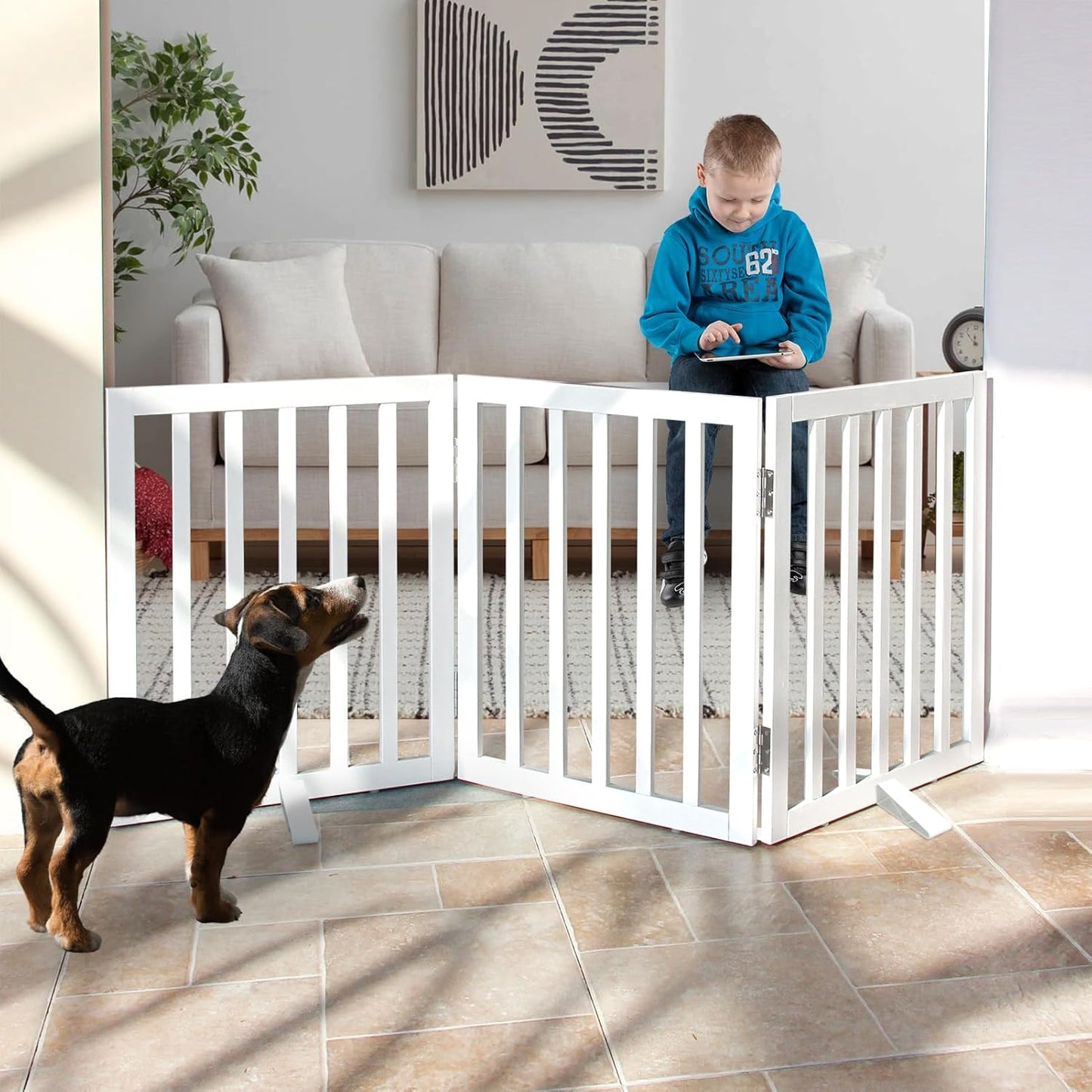 Freestanding Dog Gate Indoor, Expandable Wooden Pet Fence