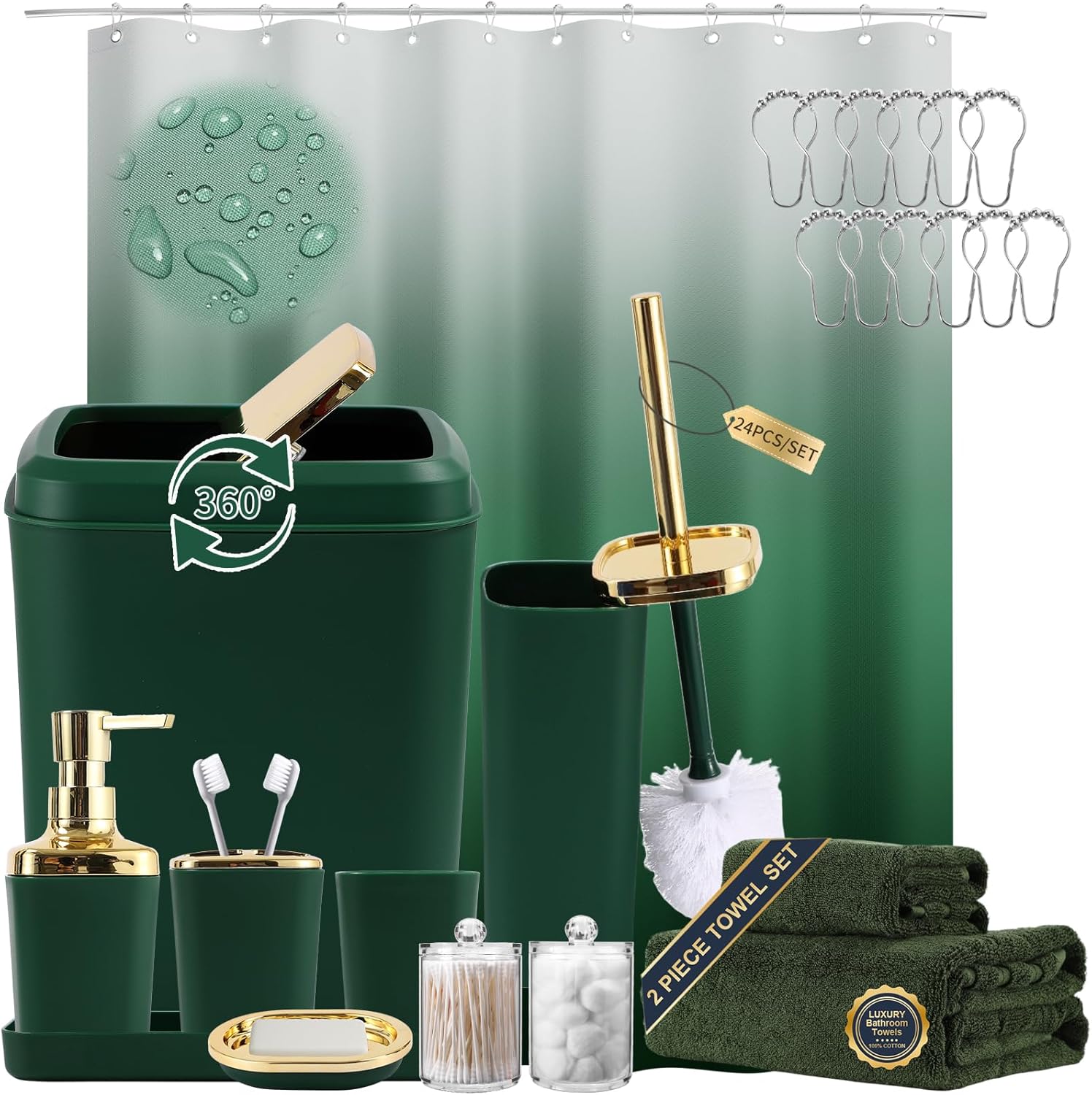 Dark Green Bathroom Accessories Set with Shower Curtain and Towels