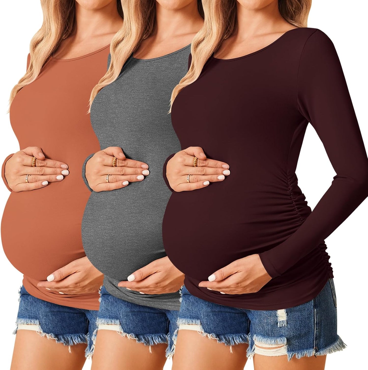 Ekouaer Womens Maternity Shirts Long Sleeve 3 Pack Tunic Tops
