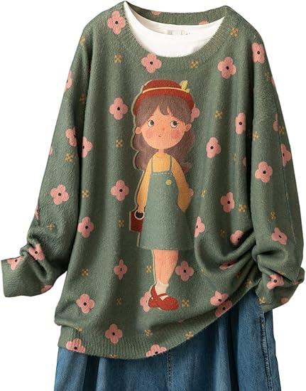 YESNO Women Sweater Graphic Oversized Pullover for Casual Style