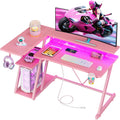 40 Inch Pink Gaming Desk with LED Lights and Power Outlet