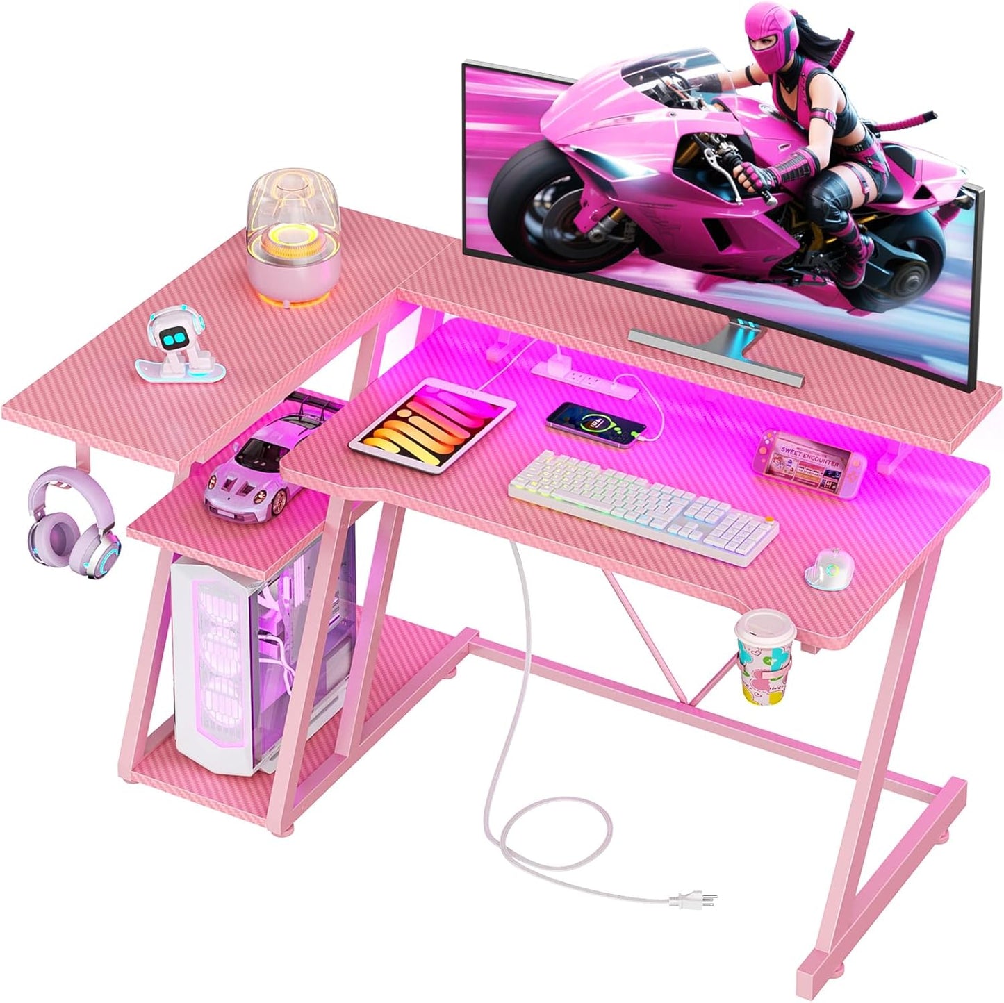 40 Inch Pink Gaming Desk with LED Lights and Power Outlet