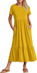 Womens Summer Casual Maxi Dress - Flowy Tiered T-Shirt Dress