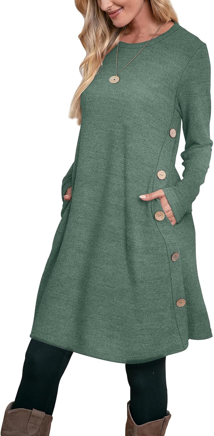 OFEEFAN Long Sleeve Dress for Women with Pockets and Buttons
