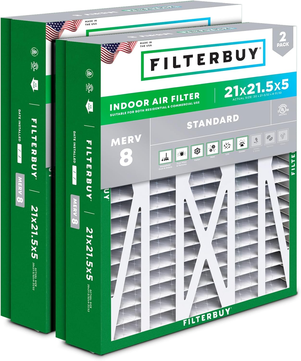 Filterbuy 21x21.5x5 Air Filter MERV 8 for Dust & Allergy Defense
