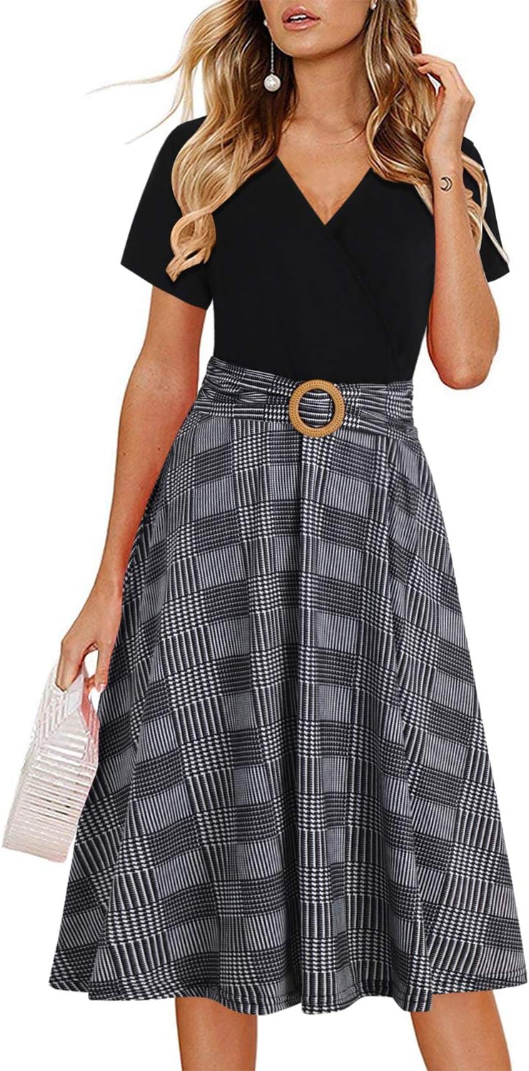 Elegant Criss-Cross V Neck Vintage Tea Dress with Pockets