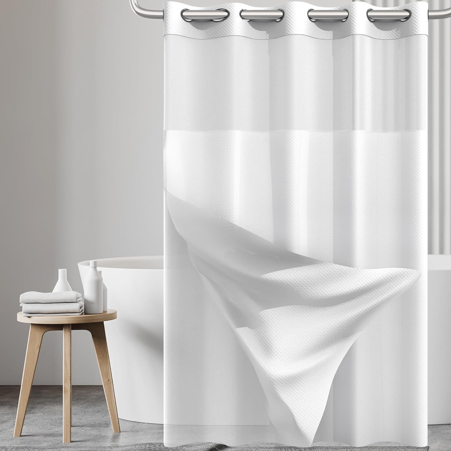 Numwot White Waffle Shower Curtain - Snap-in Liner Set with Mesh Window