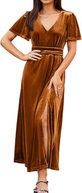 Simplee Velvet Maxi Dress V Neck Short Sleeve - Flattering Evening