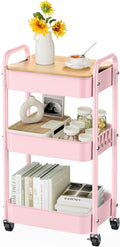 3 Tier Rolling Cart with Table top - Sturdy Pink Utility Organizer