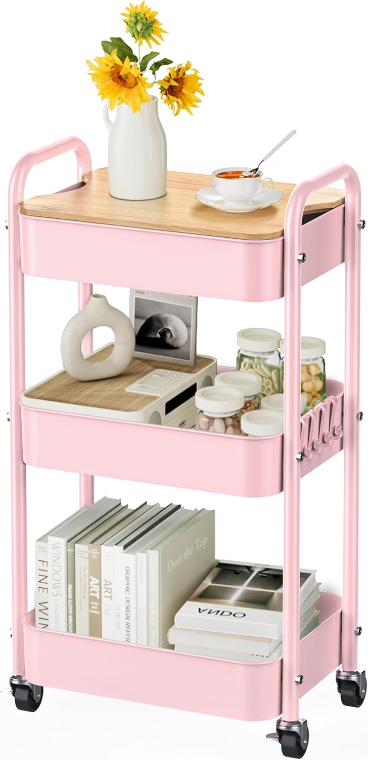 3 Tier Rolling Cart with Tabletop for Kitchen and Office Use