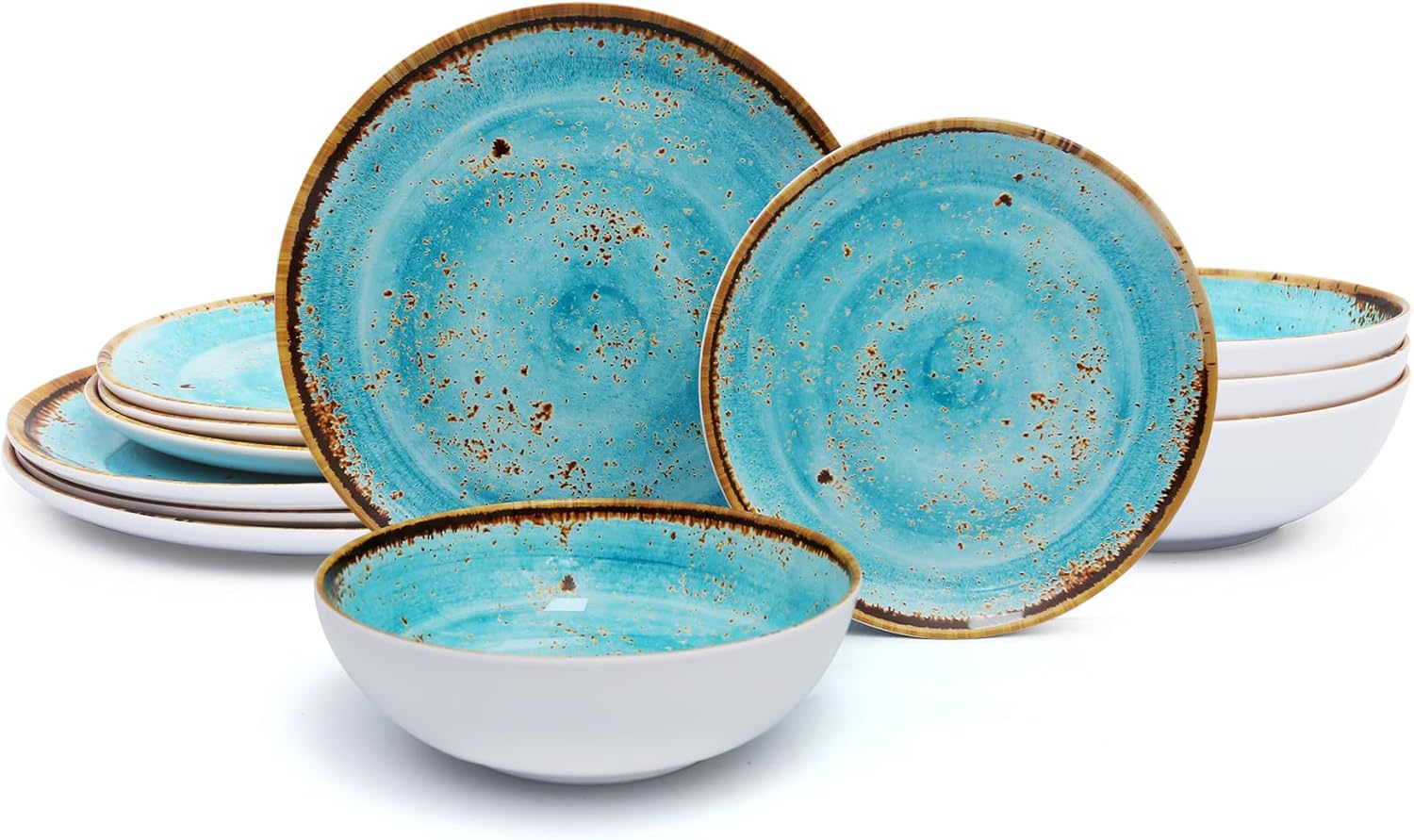 TP 12-Piece Dinnerware Set for 4, Turquoise Swirl Melamine