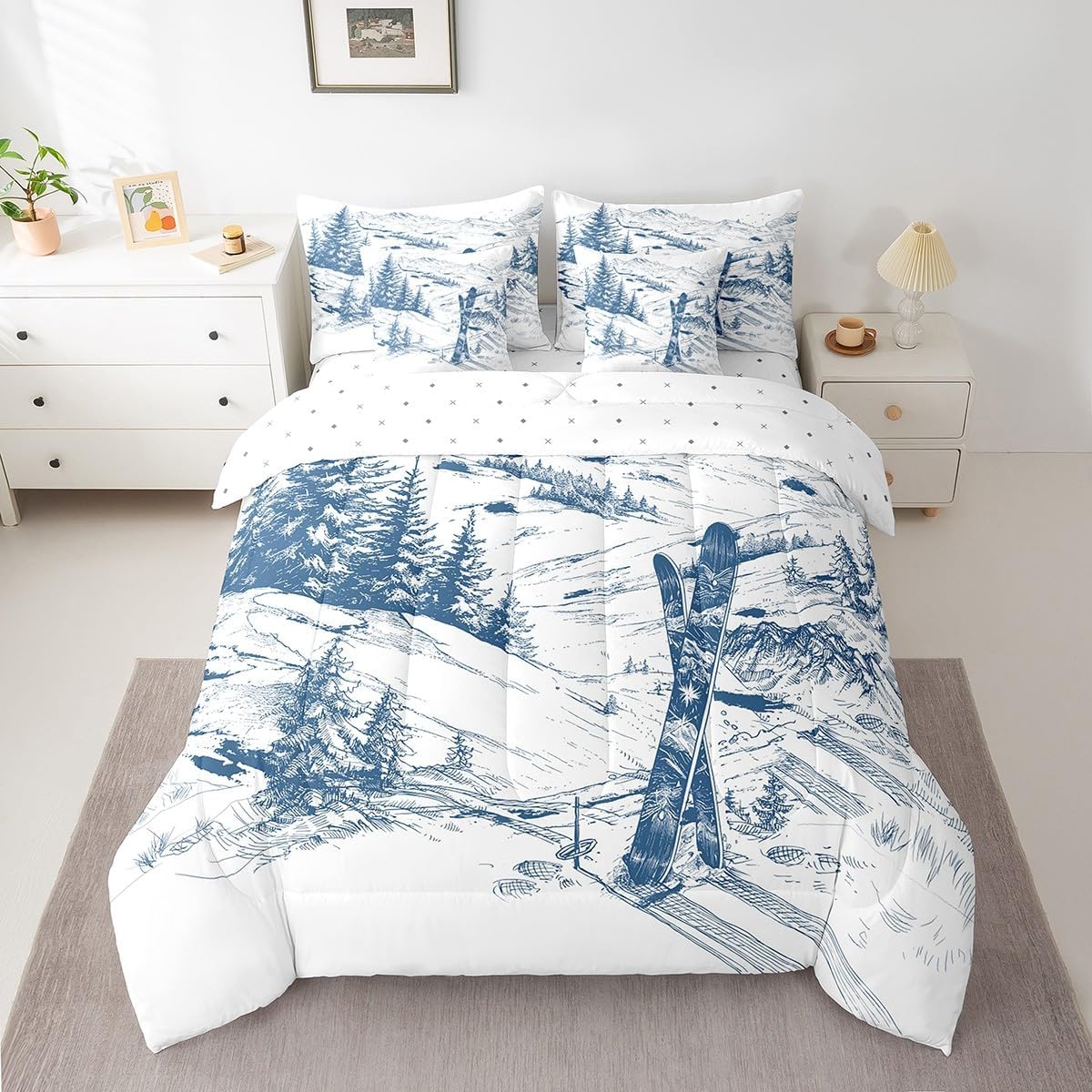 Winter Ski Theme Bedding Set - 7 Piece Queen Size