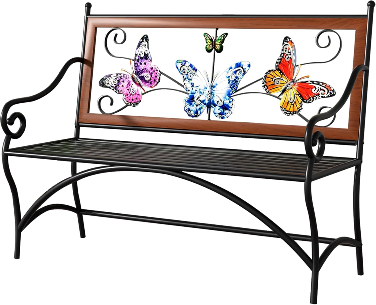 39.7in Outdoor Bench with Armrest and Butterfly Pattern Backrest