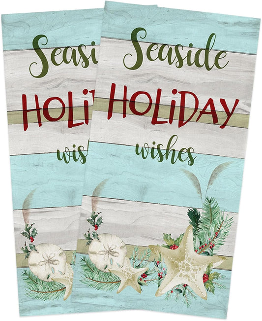 Coastal Christmas Fast Drying Kitchen Towels Set - Seaside Holiday Wishes!