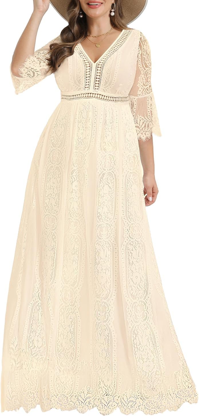 Plus Size Wedding Dress Boho - Maxi Bridal Shower Lace Gown