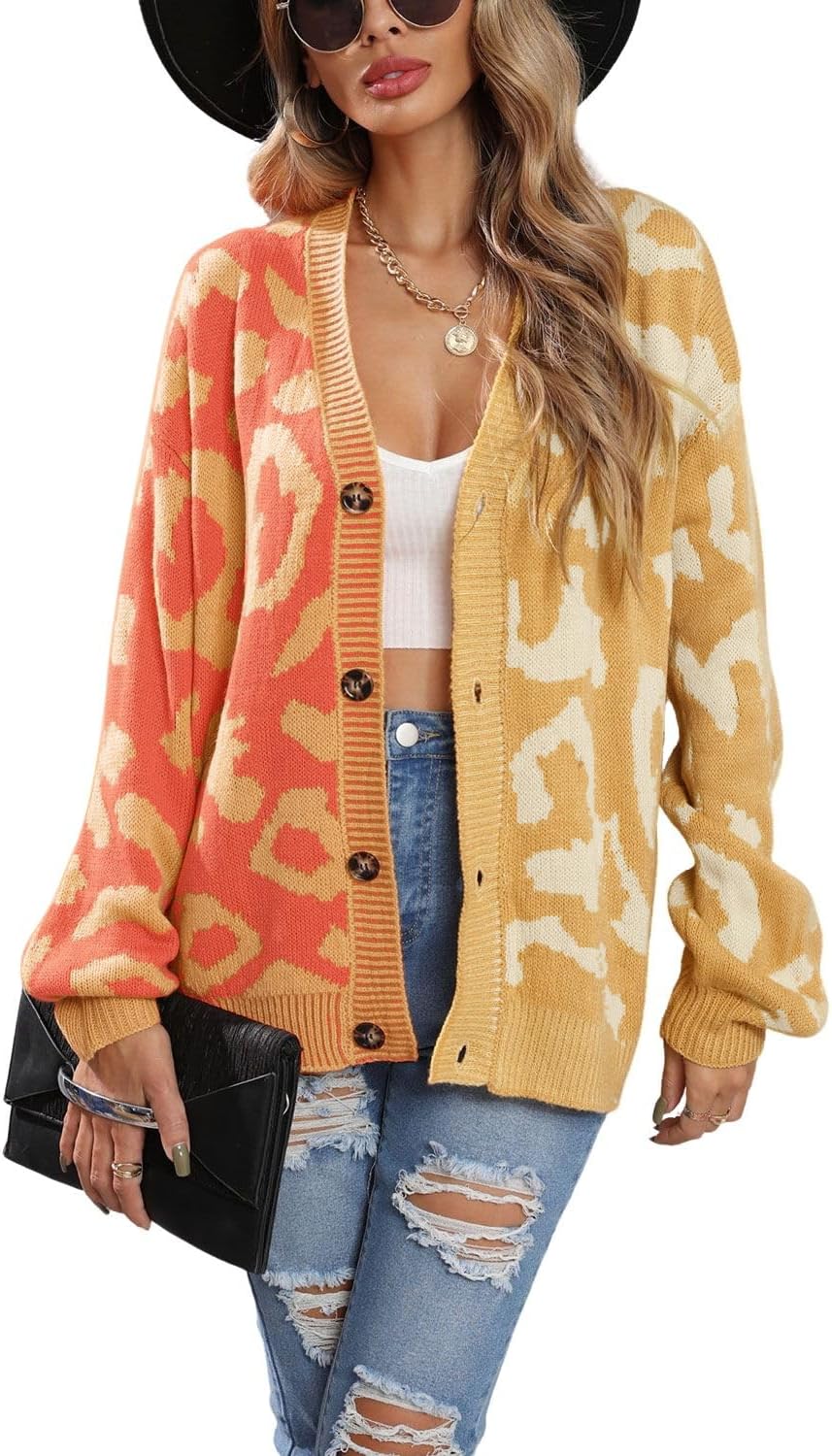 Chouyatou Women's Color Block Leopard Print Cardigan Sweater