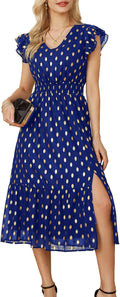 Women's V Neck Ruffle Sleeve Midi Dress - Gold Dot Floral Tiered