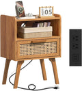 Rattan Nightstand with Charging Station - Compact Boho Bedside