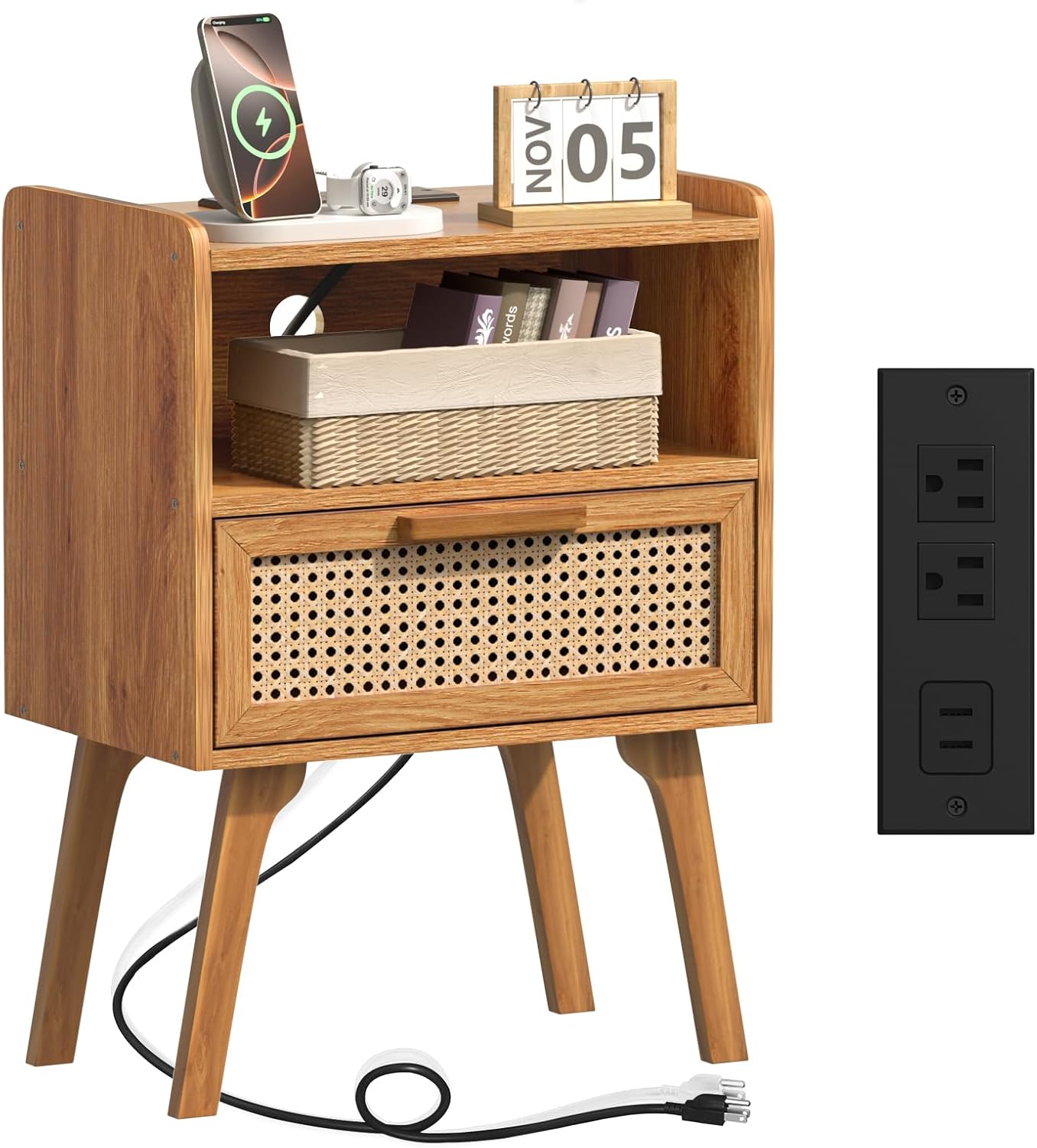 Rattan Nightstand with Charging Station for Modern Bedrooms