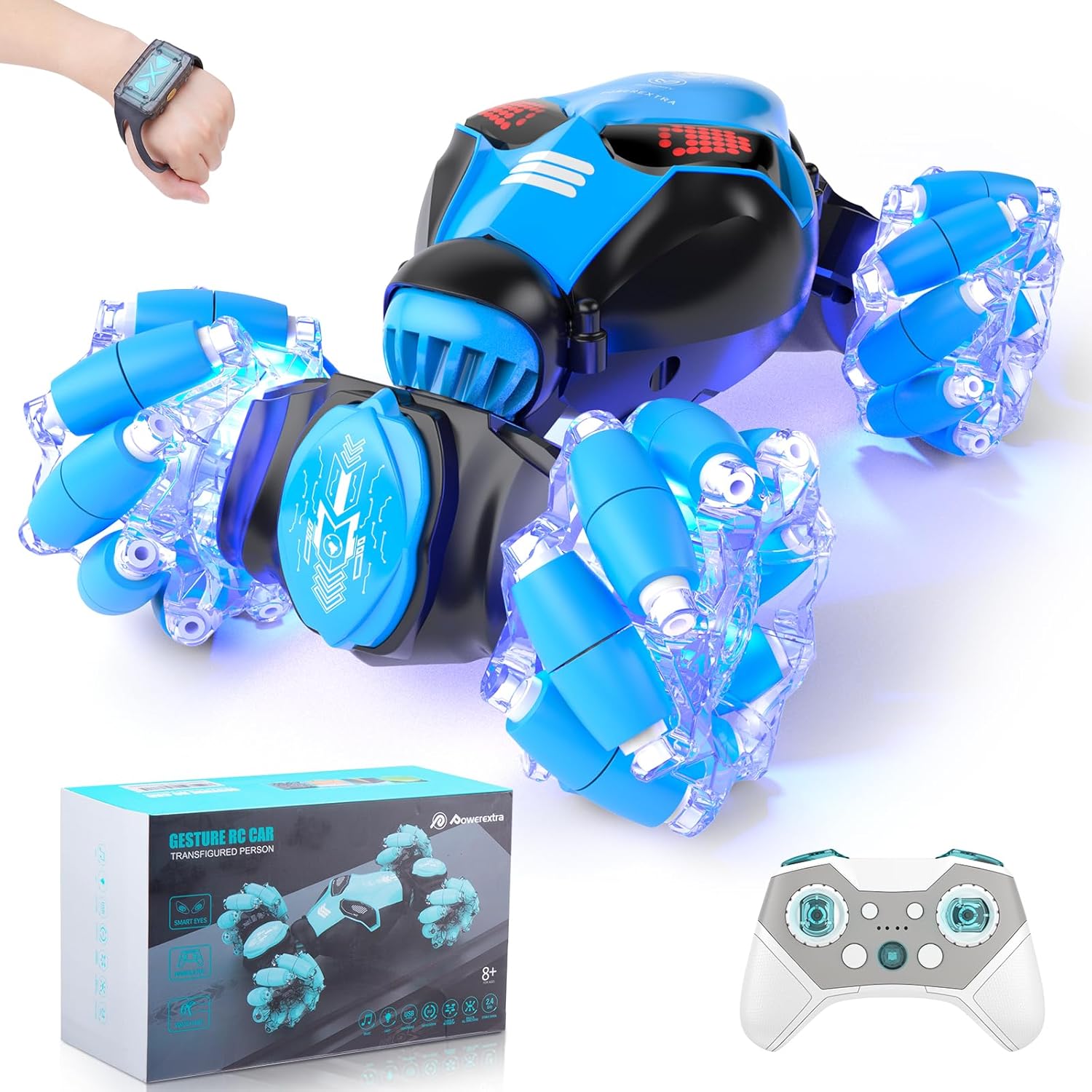 Powerextra Gesture Sensor RC Stunt Car - 4WD Double Rotating - Lights, Music - Kids' Favorite!