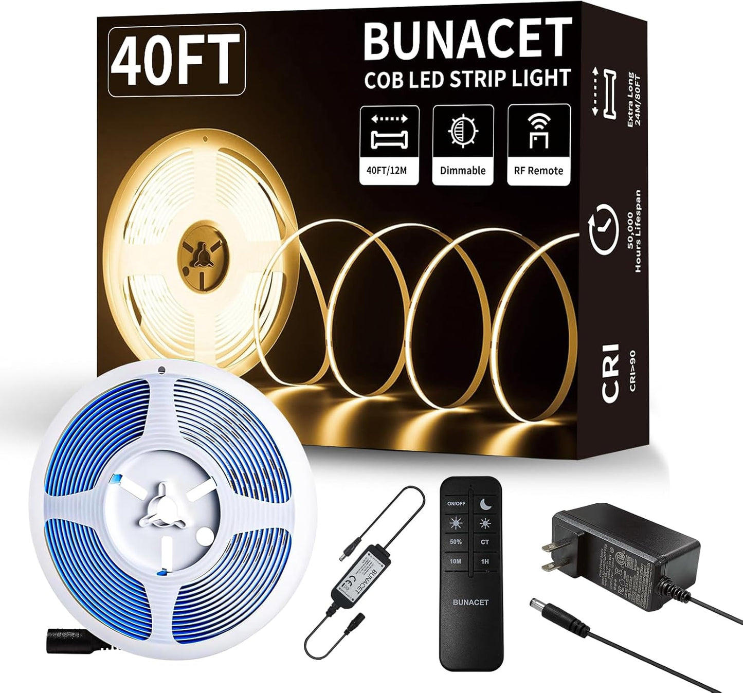 COB LED Strip Lights 40FT 3000K Dimmable Warm White Bright