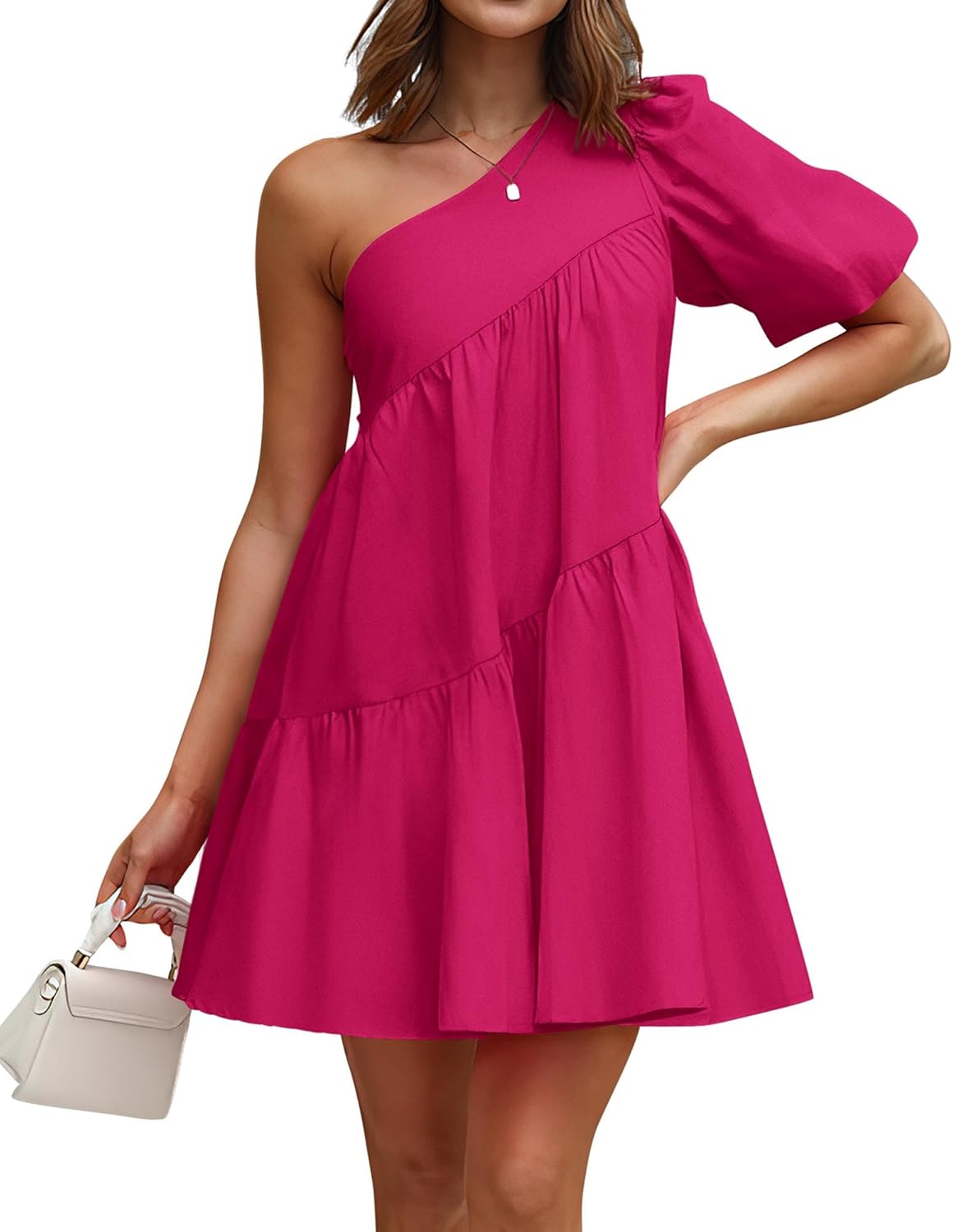 KIRUNDO Summer One Shoulder Mini Baby Doll Dresses for Women
